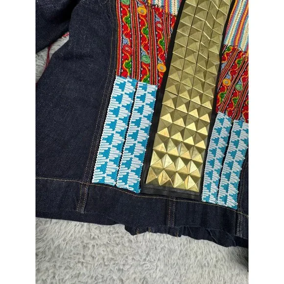 True Religion Womens M Denim CollarJacket Camden Blue Accent Embroidered - Picture 14 of 16